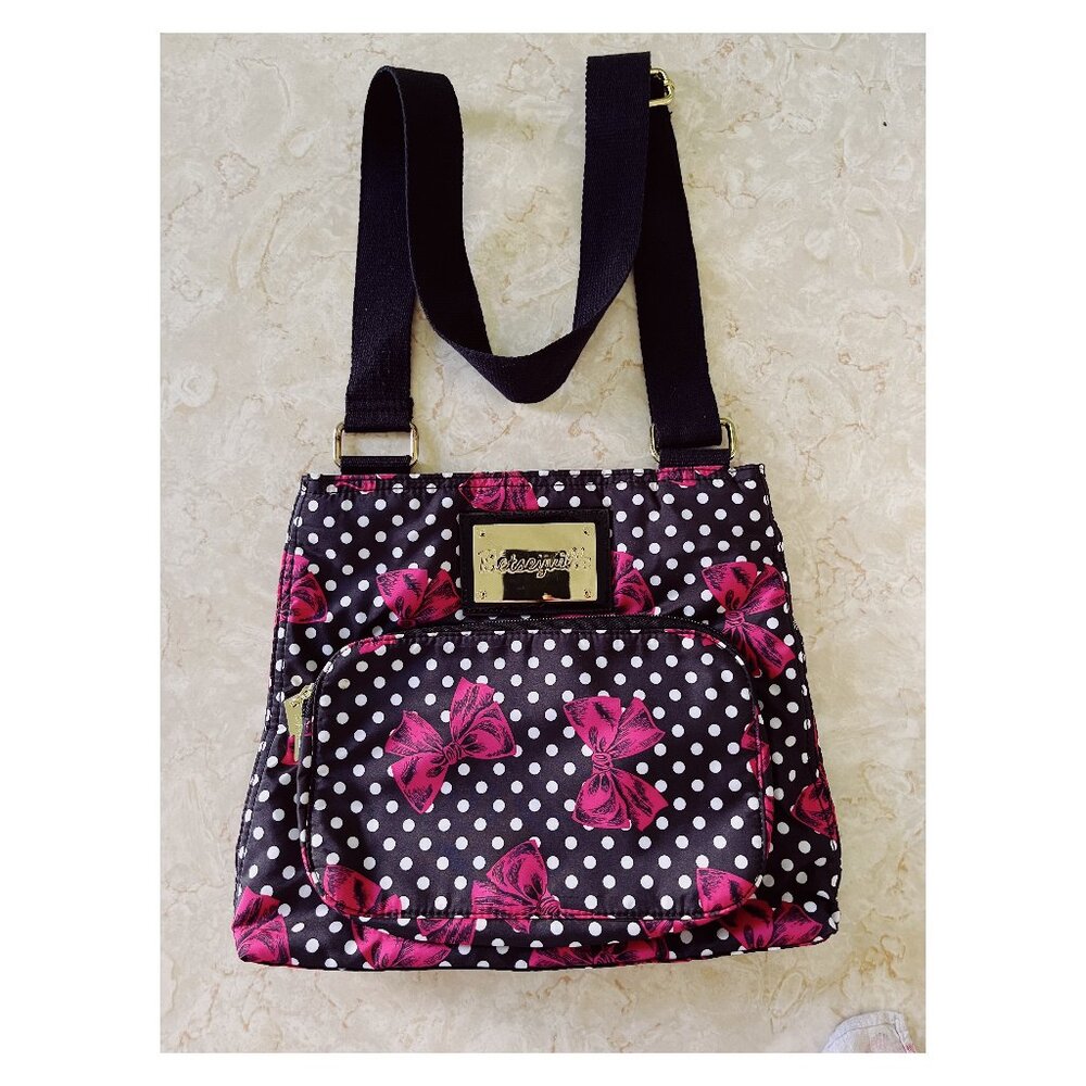 Betsey Johnson Black Polka Dot Crossbody with Pink Bow Accents
